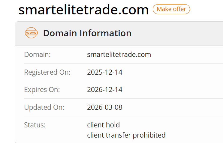 Figure 5. WHOIS record for smartelitetrade.com: registered 2025-12-14, updated 2026-03-08, status “client hold”.