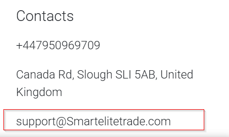 Figure 2. The contact page: UK mobile number, Slough address, and support@smartelitetrade.com (highlighted by the investigator).