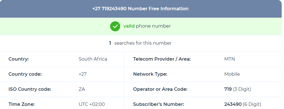 Figure 9. Lookup for +27 71 924 3490: a valid South African MTN mobile.
