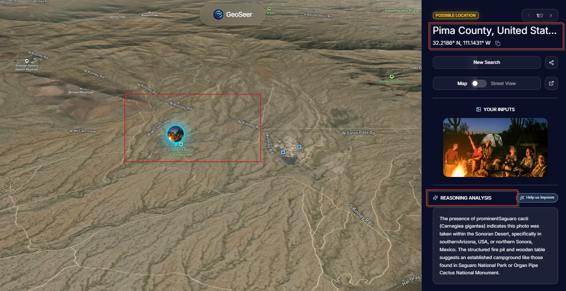 GeoSeer result: a pin on Gilbert Ray Campground with coordinates.