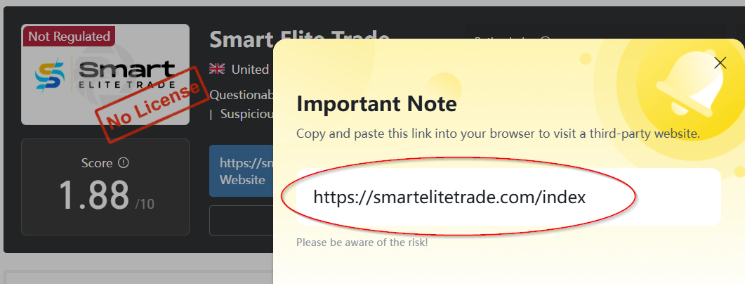 Figure 4. WikiFX’s third-party-link notice shows the platform’s site as smartelitetrade.com/index.