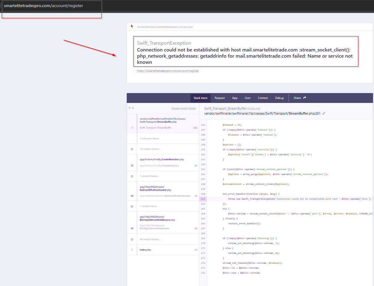 Figure 7. The Laravel error on /account/register: connection could not be established with host mail.smartelitetrade.com.
