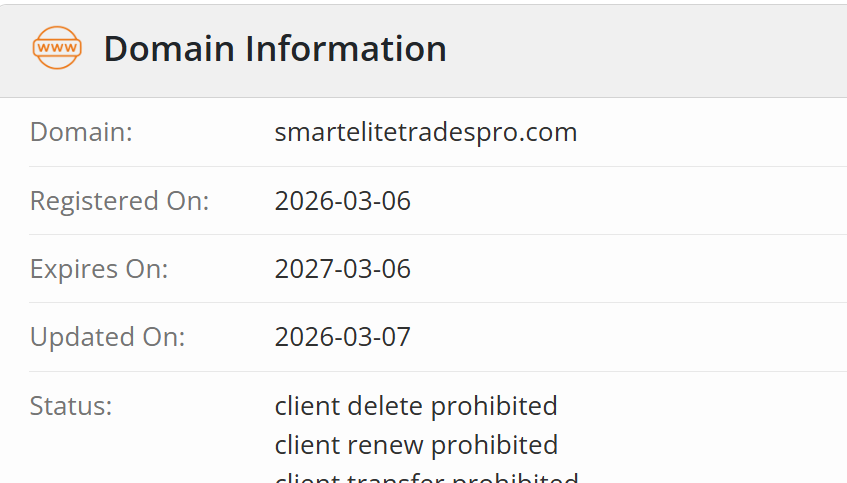 Figure 1. WHOIS record for smartelitetradespro.com: registered 2026-03-06, expires 2027-03-06.