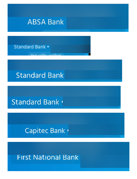 Figure 12. Payee screens for the accounts, with holder names and account numbers blurred. Only the bank names remain.